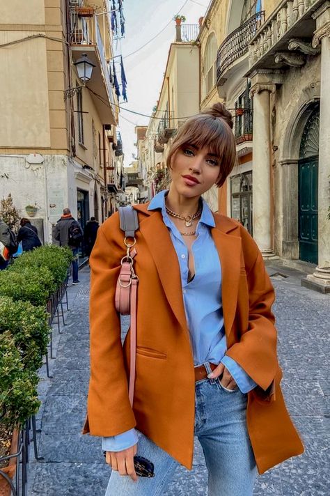 French Style Clothing, Female Clothes Outfits, Fashion Gone Rouge, Fashionable Work Outfit, Orange Blazer, Paris Outfits, Bodysuit Fashion, Street Style Trends, Blazer Outfits