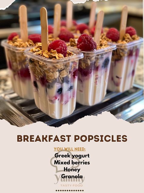 🌞 Start your day refreshingly cool with Breakfast Popsicles! 🍽️ Breakfast Popsicles 🛒 Ingredients: Greek yogurt: 1 cup Mixed berries: 1/2 cup Honey: 3 tbsp Granola: 1/4 cup 👩‍🍳 Instructions: Mix: Blend yogurt, berries, and honey. Layer: Alternate layers of the yogurt mixture and granola in popsicle molds. Freeze: Freeze overnight. 🍓🍦 Kick-start your morning with these fun and healthy Breakfast Popsicles! They’re the perfect grab-and-go treat. #BreakfastGoals #HealthySnacks Granola Cups With Yogurt, Parfait Ideas, Breakfast Popsicles, Yogurt Berries, Granola Cups, Granola Parfait, Bakery Food, Popsicle Molds, Cookie Pie