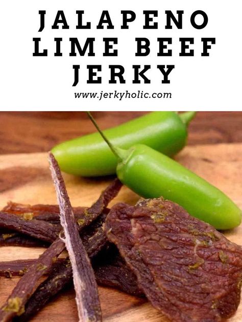 Jalapeno Lime Beef Jerky close up on a wooden board with whole jalapeños. Keto Beef Jerky Recipe Dehydrator, Dehydrator Beef Jerky Recipes, Jerkey Recipes Dehydrator, Beef Jerky Flavors, Dill Pickle Jerky Recipe, Beef Jerkey Marinades, Jalapeno Jerky Recipe, Jalapeno Beef Jerky Recipe, Beef Jerky Marinade Recipe