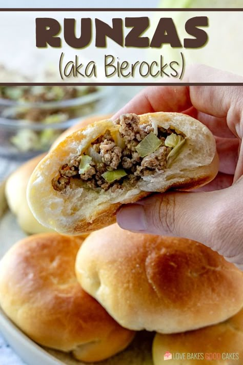 Runzas - a delicious homemade bun stuffed with ground beef, cabbage, and cheese! It's the original “Hot Pocket”. Beef Cabbage Rolls, Runzas Recipe, Cabbage And Cheese, Bierocks Recipe, Ground Beef Cabbage, Homemade Buns, Beef Cabbage, Queso Cheddar, Cabbage Rolls