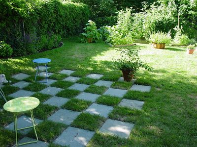 Checkerboard Patio, Grass Pavers, Green Patio, Giant Strawberry, Pavers Backyard, Cement Patio, Patio Pavers Design, Stamped Concrete Patio, Patio Planters