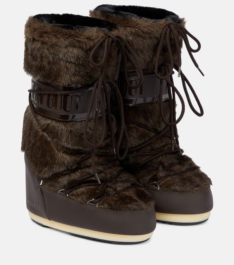 Find Moon Boot Icon Faux Fur-trimmed Snow Boots on Editorialist. Upper: fabric. Lining: fabric. Sole: fabric insole, rubber sole. Toe shape: round toe. Made in Romania. Designer color name: Brown. Comes with a box. Moon Boots Fluffy, Brown Moon Boots Outfit, Fluffy Moon Boots, Brown Moon Boots, Snow Boots Aesthetic, Moon Boots Fur, Furr Boots, Fur Moon Boots, Alpine Fashion