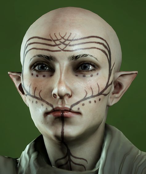 Elven Makeup, Dragon Age Elf, Face Markings, Elf Face, Forest Elf, Facial Tattoos, Full Body Tattoo, Makeup Class, Elf Makeup