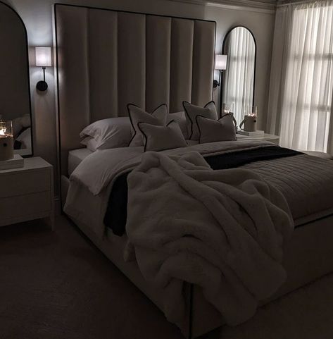 Married Couple Room Aesthetic, Bedroom Aesthetic Married Couple, Bedroom Luxury Elegant Modern, Intimate Bedroom Ideas For Couples, Nyc Bedroom Aesthetic Luxury, Master Black Bedroom, Panelled Headboard, Imvu Stories, Black Borders