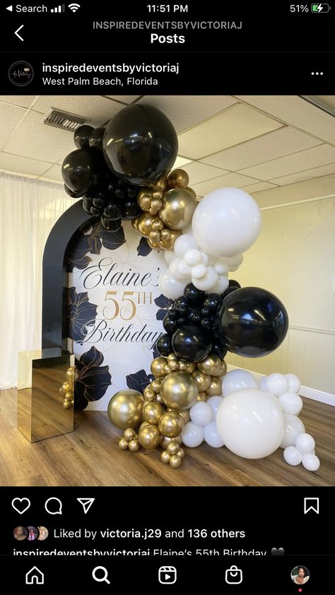 White Balloon Decor, Balloon Garland With Flowers, White And Gold Balloon Garland, Black Balloon Garland, Garland With Flowers, Gold Balloon Garland, Black Balloon, 55th Birthday, Black White And Gold