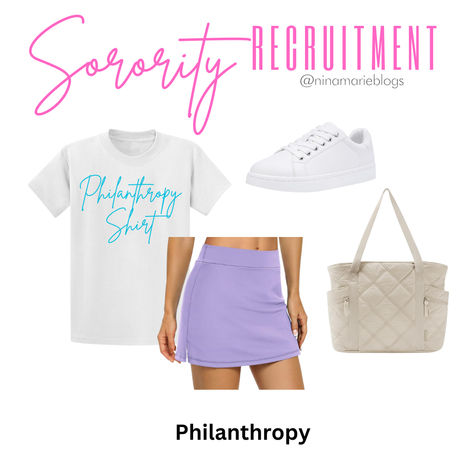 Sorority recruitment philanthropy round outfit idea.  I styled a tennis skirt that comes in a variety of colors, a tote bag that can fit all of your rush-week essentials, and a comfy pair of white sneakers that are versatile and can be styled with any sorority rush outfit.  #sorority #sororityrush #tennisskirtoutfit Sorority Rush Outfits, Rush Week, Rush Outfits, Sorority Rush, Tennis Skirt Outfit, Sorority Recruitment, Fashion Toys, Tennis Skirt, College Life