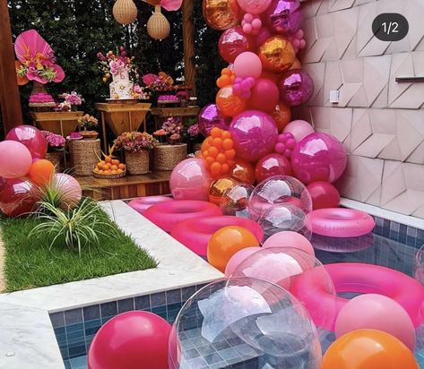 30th Pool Party Decorations, Pink And Orange Pool Party, Pink Orange Balloon Garland, Pink Pool Party Decorations, 22 Birthday Pool Party Ideas, Pool Party Decorations Adult, Orange Pool Party, Pink Disco Pool Party, Pool Party Balloons Decorations