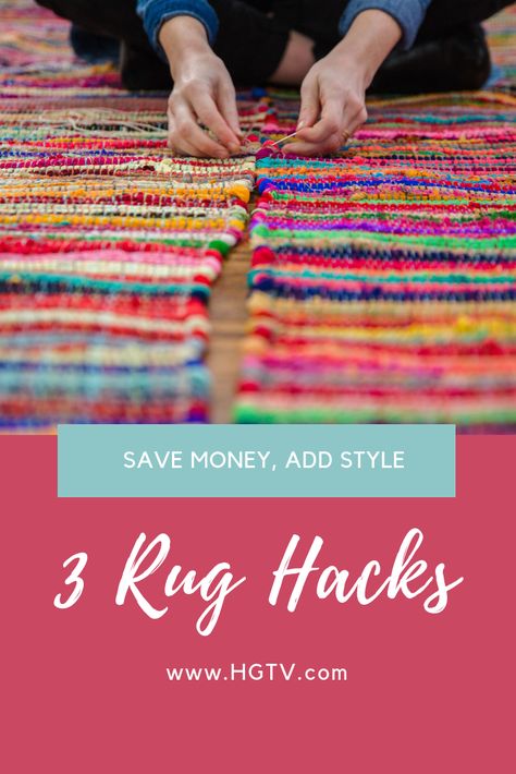 3 Rug Hacks: The DIY experts at HGTV.com show you how to transform inexpensive rugs into show-stopping masterpieces to save you money and make a major design statement. Floor Rugs Diy, Rug Hacks, Rug Makeover, Quick Easy Crochet, Inexpensive Rugs, Crochet Guide, Rag Rug Diy, Homemade Rugs, Rag Rug Tutorial