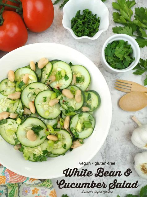 Light and fresh White Bean and Cucumber Salad is a wonderfully summery side dish. Made with cucumbers, beans, scallions, parsley, and vinegar dressing, this Greek style salads is a great addition to picnics, potlucks, and barbecues. This recipe is super easy to make, and it's vegan and gluten-free. Bean And Cucumber Salad, Raman Salad, Vegan Summer Recipes, Vinegar Dressing, Northern Beans, Vegan Kitchen, Summer Vegetable, White Bean, Greek Style