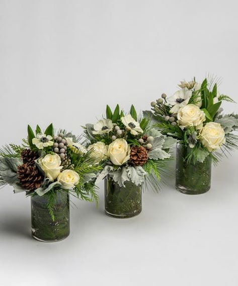 Snowcaps Trio Centerpiece Christmas Wedding Floral Arrangements, Christmas Floral Decorations, Mini Christmas Floral Arrangements, Thanksgiving Bouquet Fall Flowers, Elegant Christmas Floral Arrangements, Christmas Flower Ideas, Boho Christmas Floral Arrangements, Christmas Fresh Flower Arrangements, White Christmas Flower Arrangements