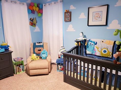 How adorable is @instashamrock’s Pixar themed baby room?! Looks like such a magical place for any baby to explore! The walls and the doors… Unisex Disney Nursery, Pixar Nursery, Disney Baby Rooms, Disney Baby Nurseries, Disney Themed Nursery, Toddler And Baby Room, Nursery Themes Neutral, Disney Nursery, Baby Room Neutral