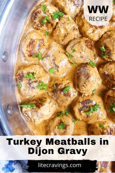 Tangy, creamy, and lightened up just enough--Turkey Meatballs in Dijon gravy is the ultimate comfort food. Serve with egg noodles or mashed potatoes to soak up that heavenly sauce. #turkeymeatballs #groundturkeyrecipes Meatballs In Dijon Gravy, Dijon Gravy, Easy Turkey Meatballs, Turkey Meatballs Healthy, Ground Turkey Meatballs, Meatballs And Gravy, Turkey Meatball Recipe, Meatball Ingredients, Turkey Gravy