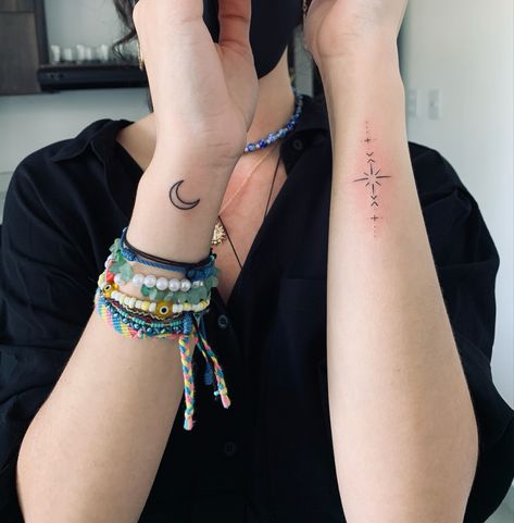 Moon On Wrist Tattoo, Wrist Tattoos Moon, Sun Moon Wrist Tattoo, Celestial Wrist Tattoo, Moon Wrist Tattoos For Women, Minimalist Wrist Tattoos For Women, Sun And Moon Wrist Tattoo, Tiny Moon Tattoo, Moon Wrist Tattoo