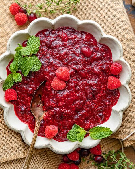 Cranberry Raspberry Sauce Cranberry Raspberry Sauce, Thanksgiving Dinner Recipes Traditional, Thanksgiving Cranberry Sauce, Thanksgiving Cranberry, Raspberry Sauce Recipe, Tart Fruit, Easy Delicious Appetizers, Cranberry Sauce Thanksgiving, Best Cranberry Sauce