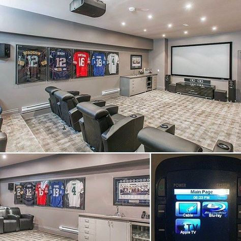 Home Theatre With Sports Theme Basement Man Cave Ideas Sports Theme Basement, Basement Man Cave Ideas, Man Cave Design Ideas, Man Cave Basement Rustic, Man Cave Designs, Basement Man Cave, Rangement Art, Cave Design, Man Cave Ideas