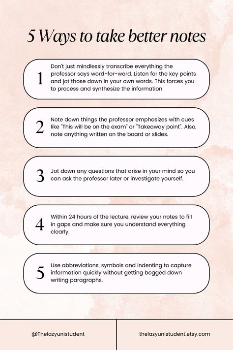 Want to ace your university exams and assignments? Master the art of note-taking during lectures. 📝👩‍🎓 Careful, strategic note-taking helps you: Sort out key info from filler Customize concepts in your own words Reinforce understanding through writing Remember and recall details easier later Study smarter, not harder from comprehensive notes With great note-taking skills, you’ll breeze through exam revision! 🤓What’s your top note-taking tip? Share with fellow students below! Note Taking University, How To Take Efficient Notes, How To Study Smarter Not Harder, Outline Notes, University Lectures, University Tips, Note Taking Strategies, Exam Revision, University Exam