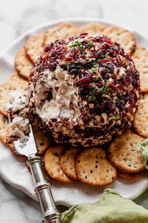 A classic party favorite, this appetizer cheese ball is decked out in the most delicious coating of chopped dried cranberries and pecans. This is an easy make-ahead hors d'oeuvre that's sure to please a crowd! Prep work takes only about 15 minutes. sallysbakingaddiction.com Spinach Bacon Dip, Cranberry Pecan Cheese Ball, Pecan Cheese Ball, Thanksgiving Dinner Menu, Sally's Baking, Cranberry Cheese, Appetizers Easy Finger Food, Classic Party, Charcuterie Recipes