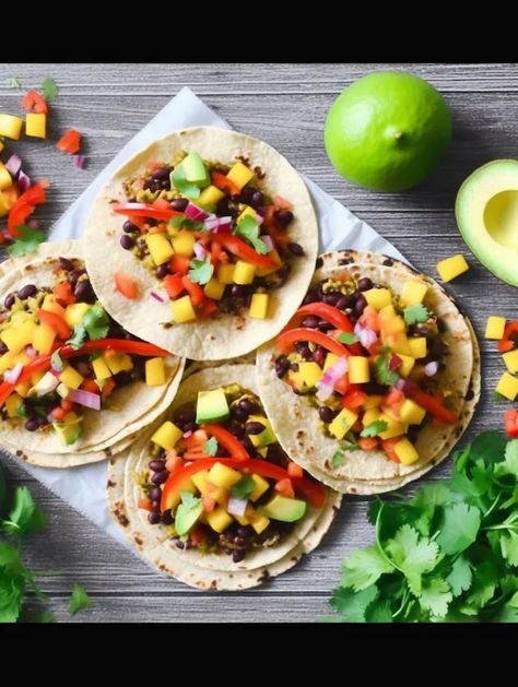 Tropical Mango Black Bean Tacos Mango Black Bean Tacos, Mango Tacos, Black Bean Tacos, Taco Fillings, Vegetarian Tacos, Bean Tacos, Colorful Vegetables, Mango Salsa, Canned Black Beans