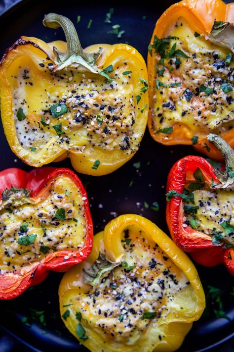 Everything Omelet Peppers - The Curious Plate Keto Egg Recipe, 9x13 Baking Dish, Everything Bagel, Feeding A Crowd, Omelet, Bell Peppers, Egg Recipes, Salmon Burgers, Stuffed Bell Peppers