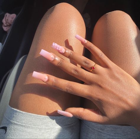 Nails With Flowers And Rhinestones, Ombre Nails With Flowers, Pink Square Acrylic, Pink Square Acrylic Nails, Pink Ombré Nails, Pink White Nails, Pink Coffin, 3d Flower Nails, Ombré Nails