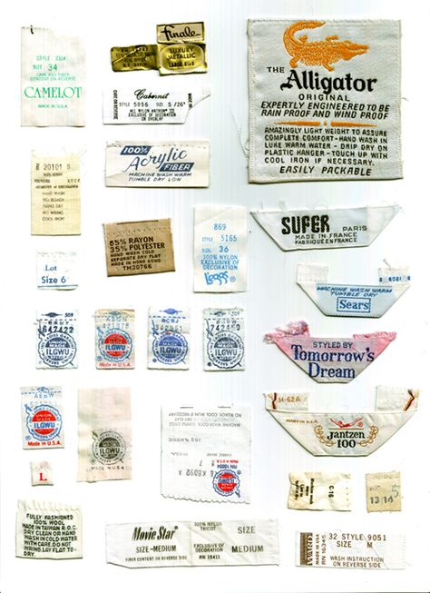 Clothing Tag Collection. Collected by Kit French. 70s Fashion Men, Vintage Guide, Clothing Labels Design, T Shirt Label, Vintage Retro Clothing, Sewing Labels, Typography Alphabet, Shirt Label, Plastic Hangers