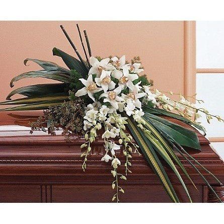 White Orchid Spray - Flowers by Pouparina Sympathy Floral, Casket Spray, Casket Flowers, Sympathy Arrangements, Casket Sprays, Church Flower Arrangements, Memorial Flowers, Sympathy Flowers, White Orchids