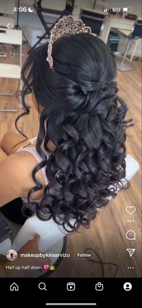 Medium Length Hair Styles Quince, Quince Hairstyles Medium Hair, Half Up And Half Down Quince Hairstyles, Cinderella Hairstyle Quinceanera, Crown Hairstyles Short Hair, Quince Hair Medium Length, Rapunzel Quinceanera Hair, Updo Quince Hairstyles, Hairstyles With Crown Tiaras Quinceanera