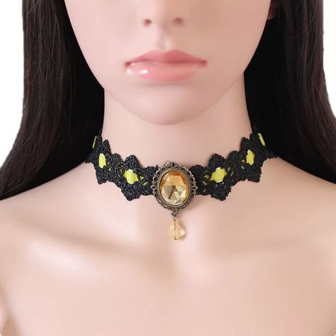 Gothic Black Lace Choker Necklace With Yellow Stone Accent In A Antique Setting 13” With 3” Extension Black Lace Necklace, Black Lace Choker Necklace, Tattoo Choker Necklace, Black Lace Choker, Lace Choker Necklace, Tattoo Choker, Crystal Lace, Blue Crystal Necklace, Beautiful Chokers