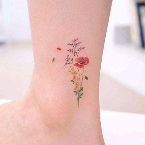 Flowers In A Row Tattoo, Watercolor Nature Tattoo, Small Watercolor Flower Tattoo, Poppy Tattoo Color, Golden Poppy Tattoo, Colour Flower Tattoo, Small Wildflower Tattoo, Paw Print Flower Tattoo, Flower Tattoo Ankle