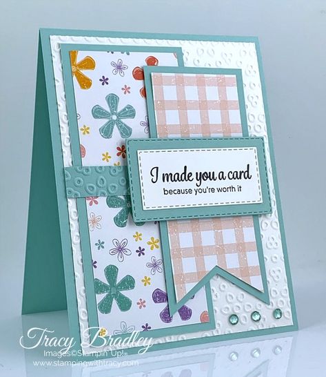 This card was created using Stampin' Up! Pleased as Punch Designer Series Paper and the Banner Triple Punch. Created by Tracy Bradley, Independent Stampin' Up! Demonstrator www.stampingwithtracy.com Brighten Your Day Cards Diy, Cards With Banners, Stampin Up Tracy Bradley, Stampin Up Scrap Paper Cards, Handmade Note Cards, 3x3 Cards Stampin Up Ideas, Just A Note Card Ideas, Stampin Up Simple Cards, Stampin Up Designer Paper Cards