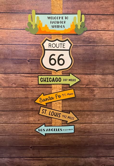 Cars Door Decoration, Radiator Springs Centerpieces, Radiator Springs Sign, Cars Movie Decorations, Route 66 Birthday Party Ideas, Cars Classroom Theme, Route 66 Party, Route 66 Decor, Cars Theme Party