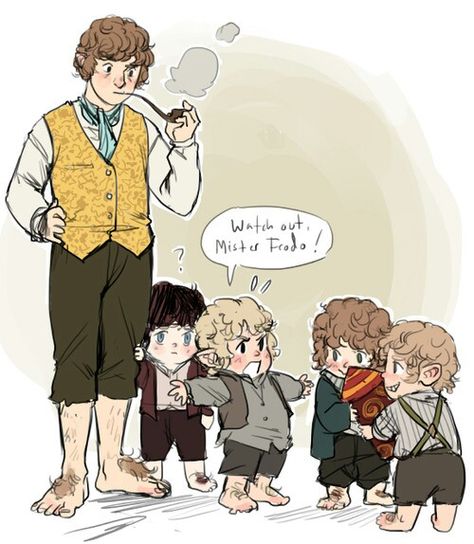 The Hobbit/ Lord of the Rings. Bilbo Baggins and little Frodo, Sam and Merry and Pippin! LD awwww Frodo X Sam Fanart, Merry And Pippin, Lotr Funny, Concerning Hobbits, Hobbit Art, Into The West, Lotr Art, Bilbo Baggins, Viria