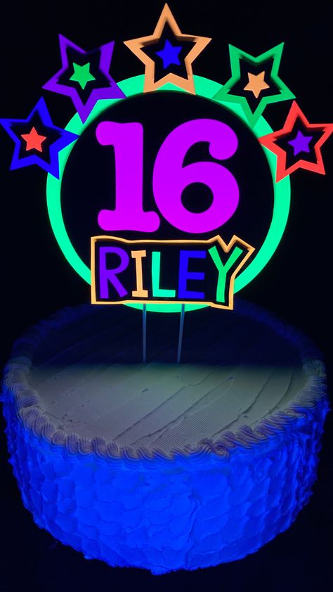 neon number cake topper with name and stars that glows under black light Glow Party Food, Glow Party Cake, Neon Cake Topper, Neon Cake, Glow Party Decorations, Neon Cakes, Birthday Cake Decor, Glow Birthday, Glow Party