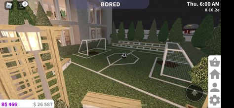 Bloxburg Football Field, Bloxburg Soccer Field, Bloxburg Campsite, Bloxburg School, Bloxburg Building, Bloxburg Town, Park Ideas, Town Ideas, Decal Codes