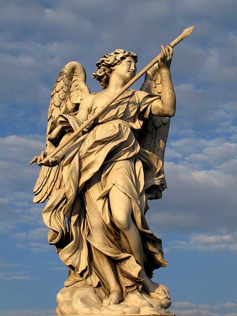 The Angel with the Lance, Gian Lorenzo Bernini, Ponte Sant'Angelo, Rome, Italy // Why we love it: Bernini's dynamic figures capture the intensity of epic narratives in a single moment. Angel Statues Sculpture, Gian Lorenzo Bernini, Lorenzo Bernini, Statue Tattoo, Classic Sculpture, Greek Statues, Angel Statue, Rennaissance Art, Angel Sculpture