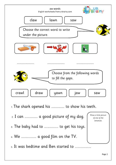 aw words - Letters and Sounds by URBrainy.com Au Aw Al Worksheet, Aw And Au Worksheets Free, Ay Sound Worksheets, A E I O U Sound Words Worksheet, Aw Words Phonics, Aw Words, Consonant Digraphs, Letters And Sounds, Key Stage 1