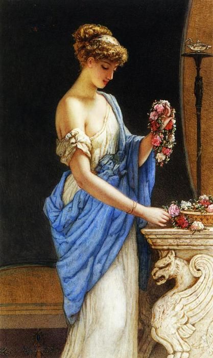 James Sant - A Girl in Classical Dress Arranging a Garland of Flowers, 1874 Ancient Greece Aesthetic, Greece Women, John William Godward, Classical Dress, Greek Paintings, Greek Women, Istoria Artei, Grece Antique, Famous Paintings