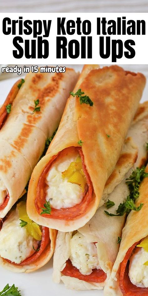 Keto Crispy Italian Sub Roll Ups - 3 Net Carbs Per Serving Italian Sub Roll Ups, Low Calorie Sandwich, Keto Sandwiches, Veggie Roll Ups, Stylish Cravings, Crispy Rolls, Keto Italian, Sub Sandwich, Sub Rolls