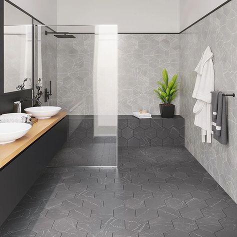 Home Design Trends: How to Create an Open Concept Bathroom Bathroom Tile Combinations, Black Tile Bathroom Floor, Bathroom Modern Farmhouse, Open Concept Bathroom, Hexagon Tile Bathroom, Porcelain Hexagon Tile, Masculine Interior Design, Black Tile Bathrooms, Honeycomb Tile