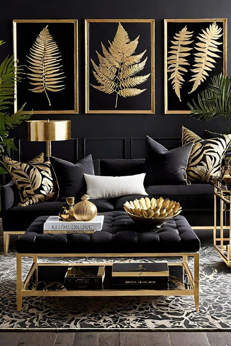 25 Black and Gold Living Room Ideas for Chic Decor Home Decor Ideas Black And Gold, Black Gold White Living Room Ideas, Brown And Gold Decor, Black White Gold Apartment, Black And Gold Apartment Aesthetic, Black White Gold Living Room Decor, Black And Gold Dining Room Decor, Black And Gold Living Room Decor Ideas, Black White And Gold Salon Ideas