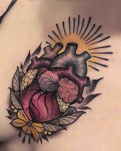 Heart Tattoo by Anthony Barros Castro Anatomical Heart Tattoos, Human Heart Tattoo, Hart Tattoo, Realistic Heart Tattoo, Traditional Heart Tattoos, Simple Heart Tattoos, Anatomical Heart Tattoo, Neotraditional Tattoo, Herz Tattoo