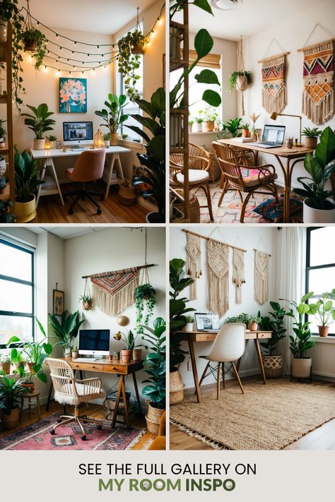 Explore 22 trendy boho office ideas showcasing earthy colors, natural materials, and cozy decor. This Pin features four images that inspire your workspace makeover towards a stylish and comfortable ambiance. Earthy Office Space, Boho Office Ideas, Diy Home Decor Boho, Boho Chic Office, Tie Dye Curtains, Dye Curtains, Office Boho, Comfortable Home Office, Dreamy Decor