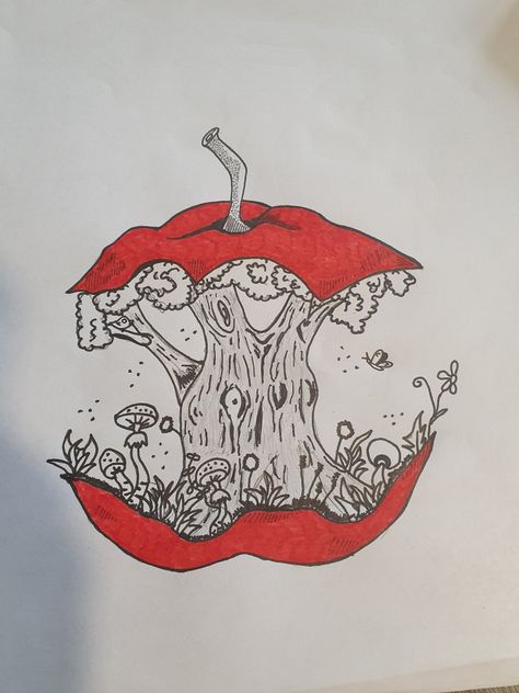 Apple Tree Drawing Simple, Apple Symbolism, Apple Pie Drawing, Rotting Apple Drawing, Eaten Apple Drawing, Apple Black And White Drawing, Apple Lino Print, Apple Tree Sketch, Eaten Apple