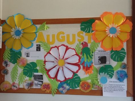 This is a Bulletin board for a Senior Citizen community room. I like to use bright colors and incorporate any celebration theme of the month. The month of August is Aloha to summer. Our monthly luncheon goes with along with the theme. I like using share funny notes or stories, with some special information we can all use. Picnic Bulletin Boards, August Bulletin Board Ideas, August Bulletin Board, Olympic Bulletin Board, August Bulletin Boards, September Bulletin Boards, Ideas For Seniors, Welcome Bulletin Boards, Funny Notes