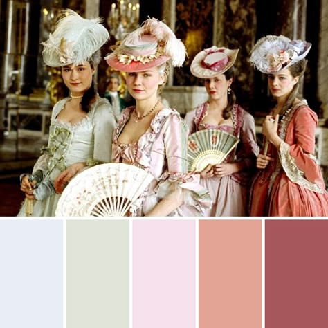 Marie Antoinette Bathroom, Marie Antoinette Color Palette, Marie Antoinette Mood Board, Rococo Colour Palette, Marie Antoinette Accessories, Marie Antoinette Bedroom Inspiration, Marie Antoinette Picnic, Marie Antoinette Themed Party, Bridgerton Colour Palette