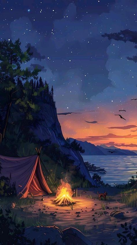 Campfire Art, Android Wallpaper Blue, Lo-fi Aesthetic, Camping Photo, Ocean Backgrounds, Adventure Art, Ghibli Art, Dreamy Art, Anime Scenery Wallpaper