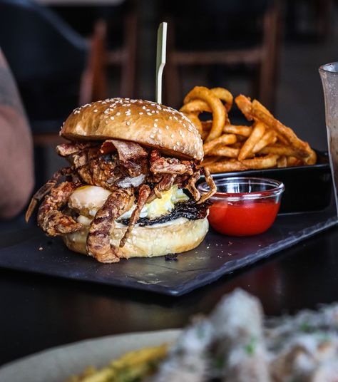 Crab Burger, Fried Soft Shell Crab, Crab Sandwich, Soft Shell Crab, Curly Fries, Cottage By The Sea, Beef Burger, Steak Fries, Fast Food Chains