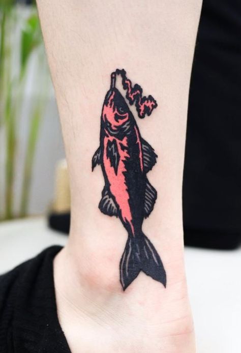 Smoking Fish Tattoo Trippy Fish Tattoo, Pleco Fish Tattoo, Funny Fish Tattoo, Badfish Tattoo, American Traditional Fish, Small Spiritual Tattoos, Salmon Tattoo, Hand Tats, Fish Tattoo