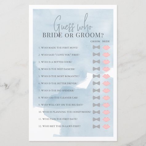 Guess Who Bride or Groom Blue Bridal Shower Game  Zazzle Guess Who Bride Or Groom, Blue Bridal Shower, Bridal Shower Game, Blue Bridal, Guess Who, Bridal Shower Games, Fun Cooking, First Date, Activity Games