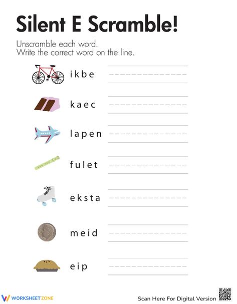 Embark on an exciting word unscrambling adventure with this silent E word list! Encourage your students to solve the puzzle by unscrambling the mixed-up words, all of which contain a silent E. Try it out! #silente #phonics #grammar #printables #worksheet #vowels #lettersounds #letters #wordscramble #esounds #unscramblewords #wordlist #ela #puzzle #pdf #freeprintables #kids First Grade Curriculum, Unscramble Words, Solve The Puzzle, Silent E, English Worksheet, E Words, Word Recognition, Puzzle Solving, Word List